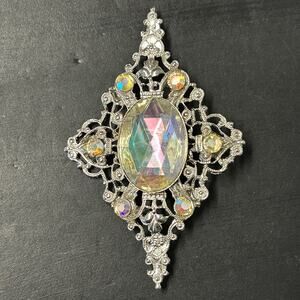 Vintage AB Rhinestone Silver Tone Filigree Ornate Frame Brooch